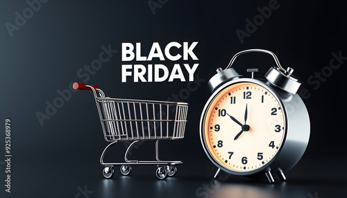 Black Friday sale: customer holding a shopping cart icon with alarm clock isolated with white highlights, png photo