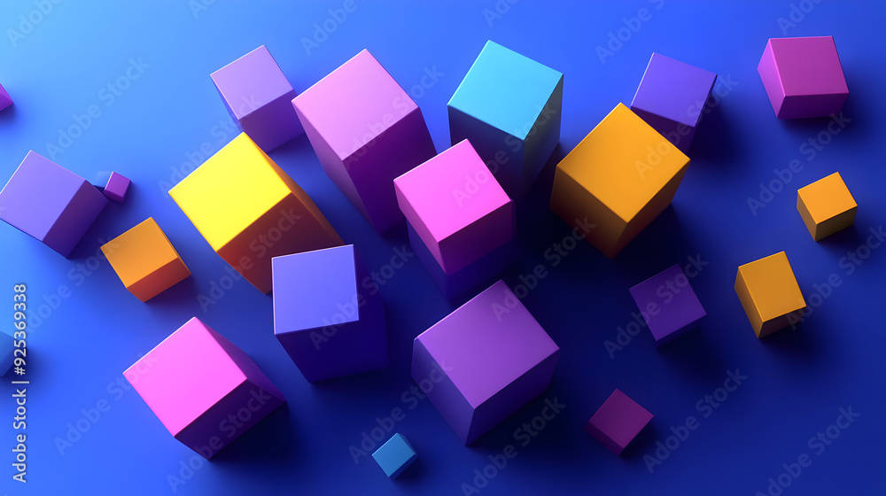 A vibrant arrangement of colorful 3D cubes on a blue background. A vibrant arrangement of colorful 3D cubes on a blue background.