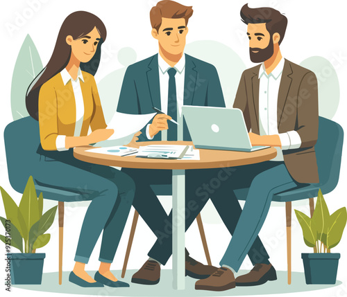 Mixed group of business people sitting around a table and talking