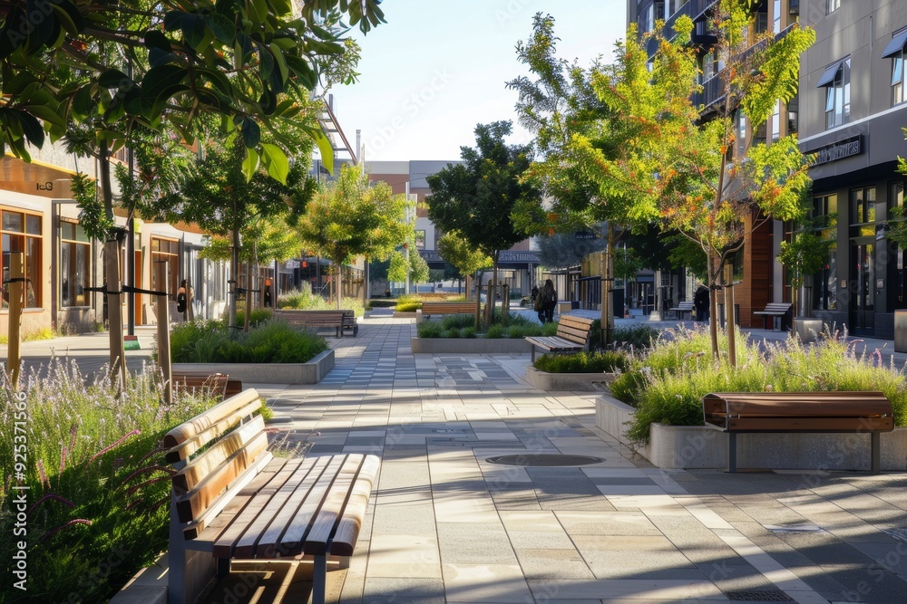 Obraz premium Modern City Square with Sustainable Design Elements for Urban Landscaping and Eco-Friendly Public Spaces