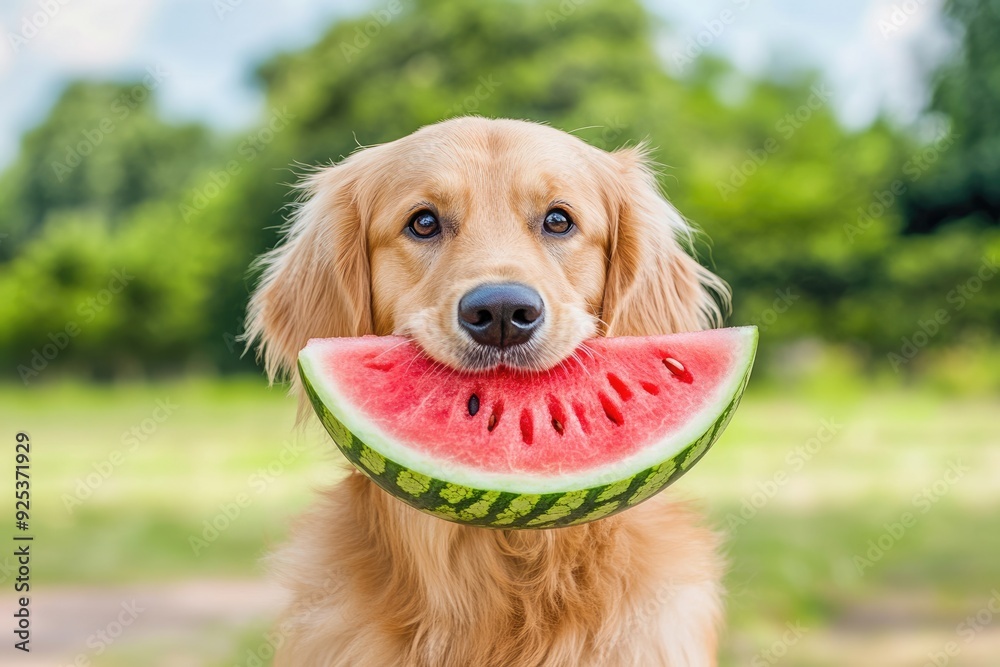 Watermelon Dog. Cute Golden Retriever with Watermelon Slice in Mouth, Summer Fun Watermelon Dog. Cute Golden Retriever with Watermelon Slice in Mouth, Summer Fun
