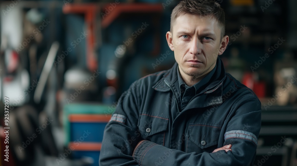 A man stands confidently in a gritty workshop, dressed in dark work clothes with a focused and serious expression. A man stands confidently in a gritty workshop, dressed in dark work clothes with a focused and serious expression.