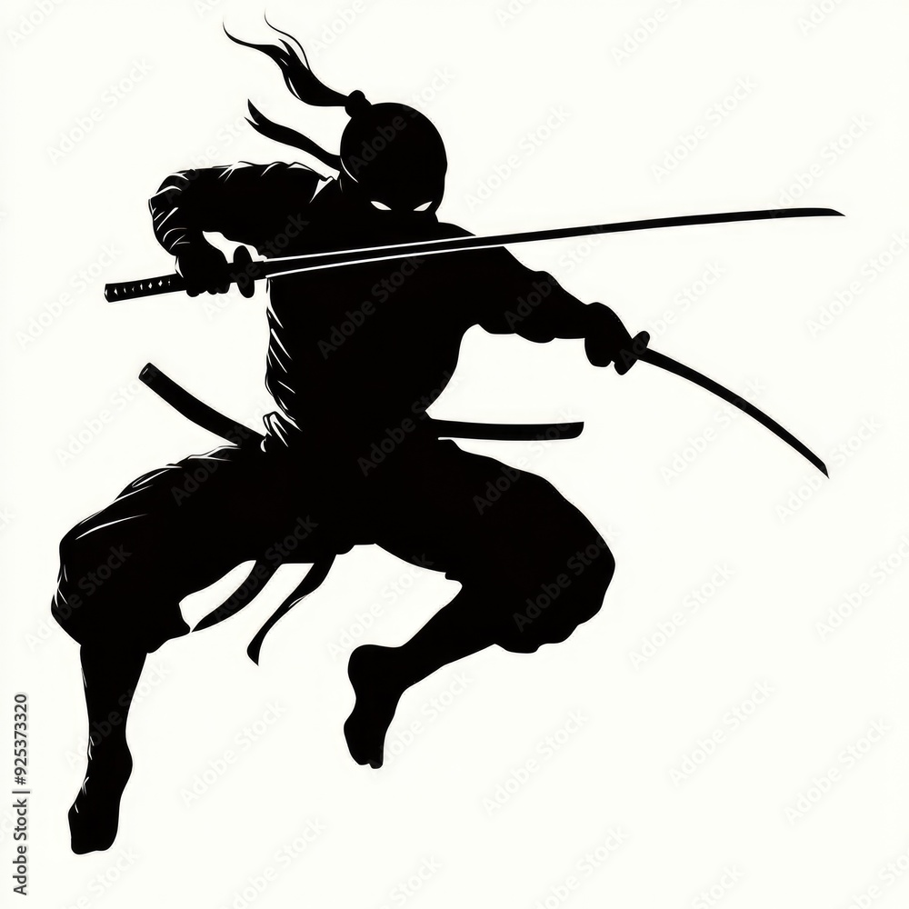 Obraz premium Ninja Jumping in Martial Arts Pose - Samurai Silhouette with Sword and Shuriken Weapons
