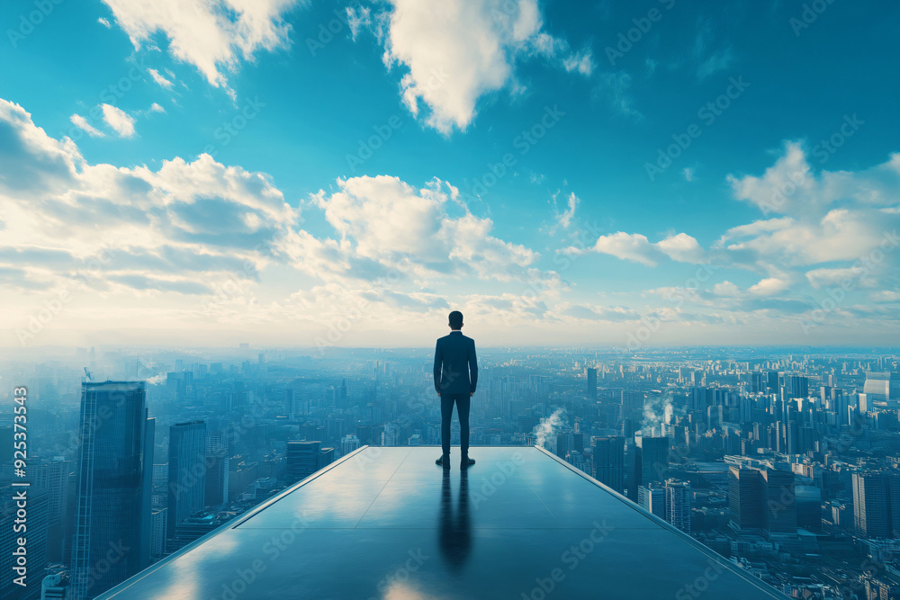 Businessman on Rooftop Overlooking City. Businessman on Rooftop Overlooking City.