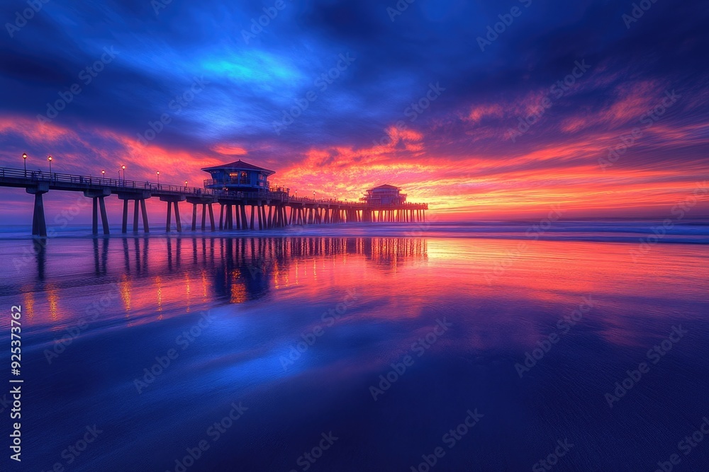 Obraz premium Orange County Pier at Sunset: Beach Beauty in the Heart of California Coastline