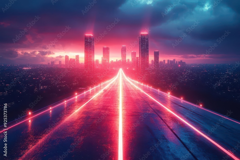 futuristic cityscape with sleek skyscrapers empty neonlit road stretching to horizon cyberpunk atmosphere dramatic sky glowing light trails highcontrast scene futuristic cityscape with sleek skyscrapers empty neonlit road stretching to horizon cyberpunk atmosphere dramatic sky glowing light trails highcontrast scene