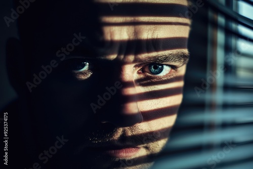 Peeking Out Window. Close-up of a Caucasian Man Watching Through Blinds