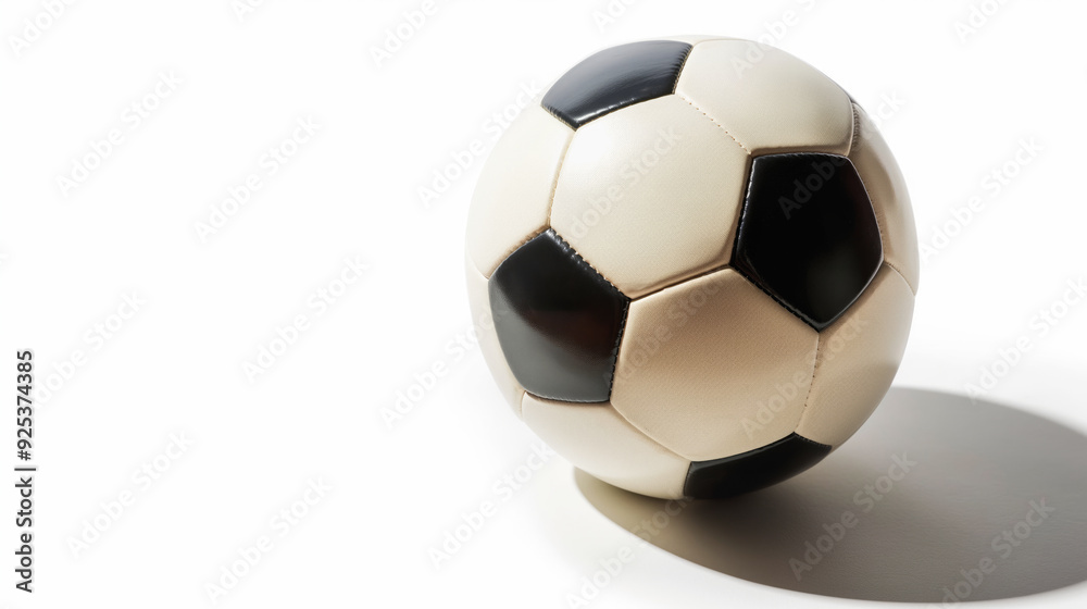 Black and white soccer ball resting on a plain white surface casting a shadow. The light highlights the ball's texture, creating a clean and minimalist composition Black and white soccer ball resting on a plain white surface casting a shadow. The light highlights the ball's texture, creating a clean and minimalist composition