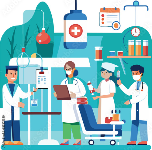 Doctor and nurse giving medical care to patient in bed isolated flat vector illustration. Cartoon medicine specialists giving support for man. Intensive therapy and healthcare concept