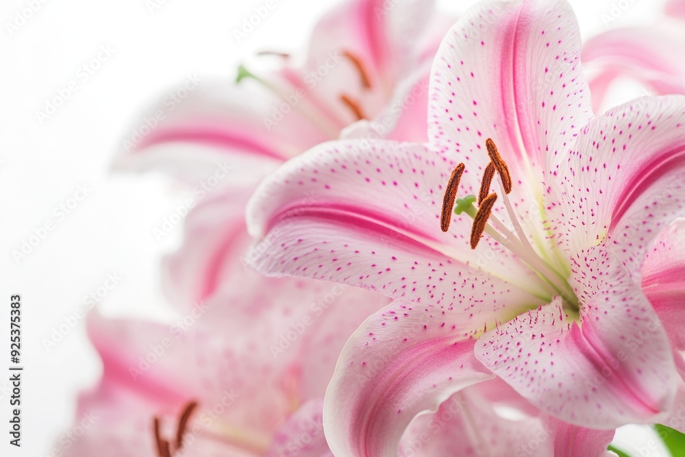 Fototapeta premium Stargazer Lily. Close Up of Beautiful Pink Blooms in White Botanical Setting