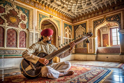 A man in a white robe sits on a rug playing a guitar photo