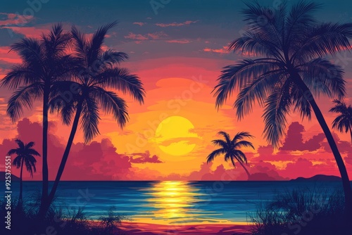 Sunset In Puerto Rico. Tropical Beach Sunset with Palm Trees Silhouetted Against Summer Sky