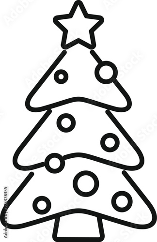 Line art icon of a decorated christmas tree with star and baubles