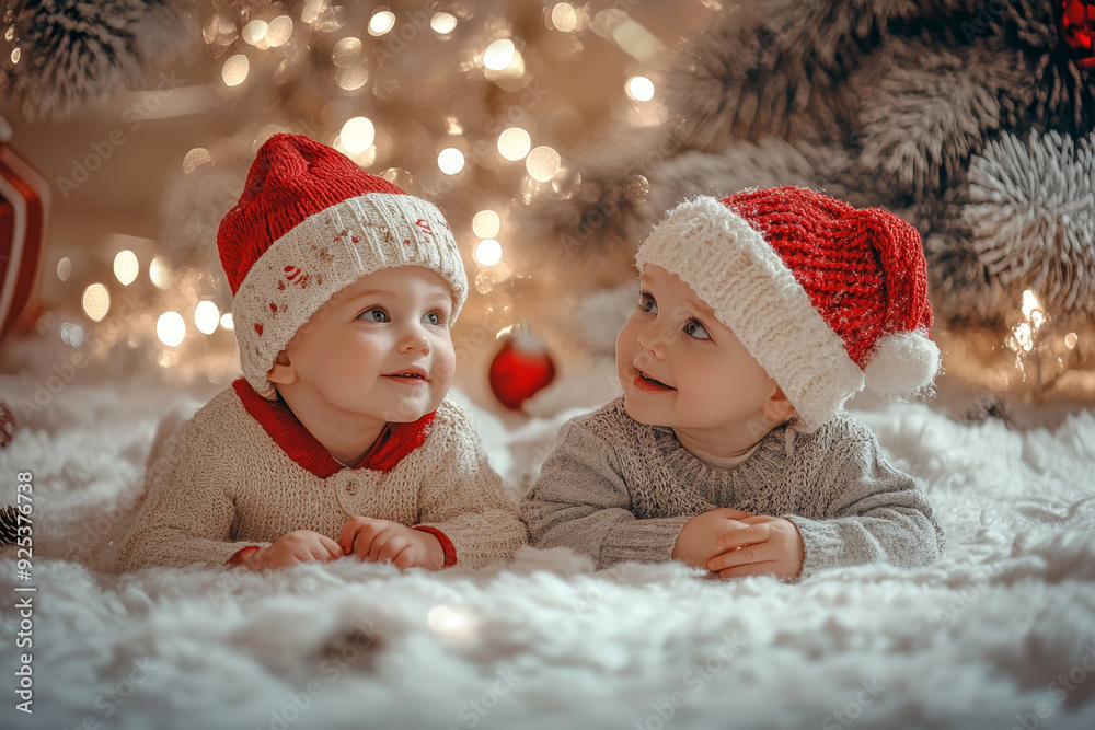 Two Children, around 1-2 3-4 years old, wearing Santa hats and cozy sweaters, lying on a fluffy blanket with a Christmas tree background. Scene is warm and festive Two Children, around 1-2 3-4 years old, wearing Santa hats and cozy sweaters, lying on a fluffy blanket with a Christmas tree background. Scene is warm and festive
