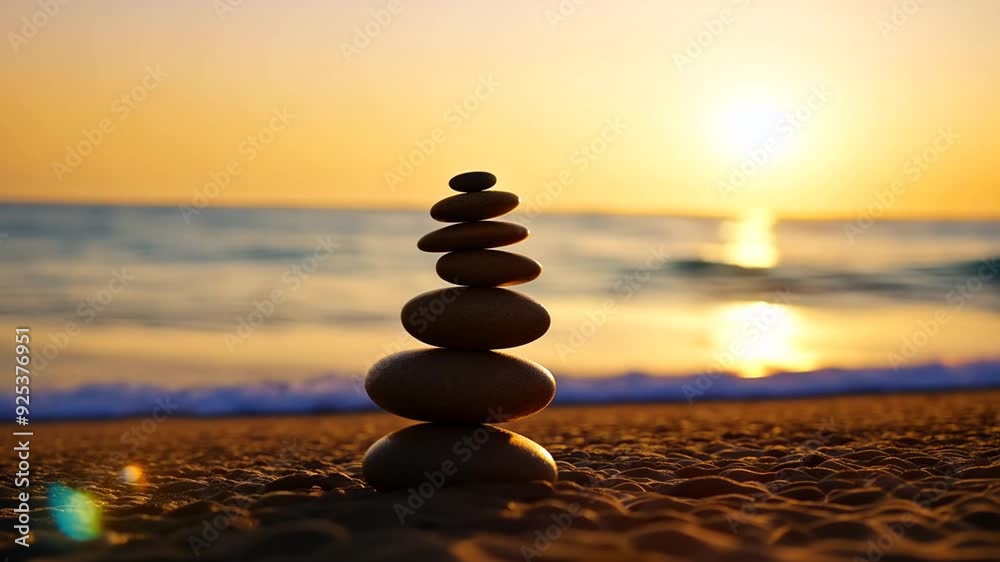 Stacked Zen Stones on the Beach at Sunset With Ocean Backdrop ...