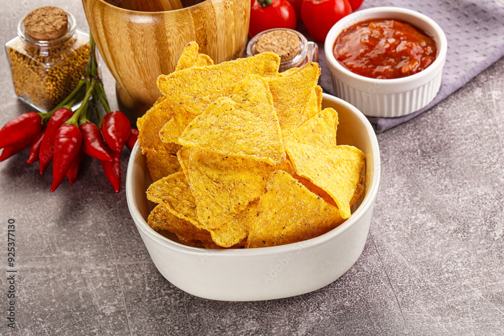 Mexican corn nachos chips with salsa Mexican corn nachos chips with salsa