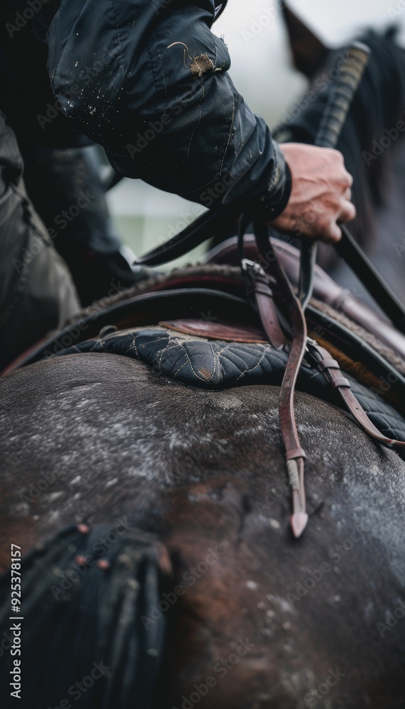 Fototapeta premium Close-Up of Jockey Adjusting Saddle on Thoroughbred Horse Before the Race - Equestrian Equipment Focus