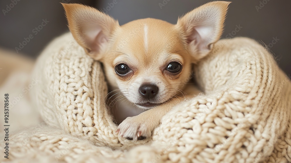 A small chihuahua puppy is nestled in a cozy knit blanket, its big brown eyes staring directly at the camera. A small chihuahua puppy is nestled in a cozy knit blanket, its big brown eyes staring directly at the camera.
