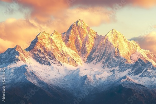 Awe: A majestic mountain range with towering peaks, bathed in the golden light of sunrise