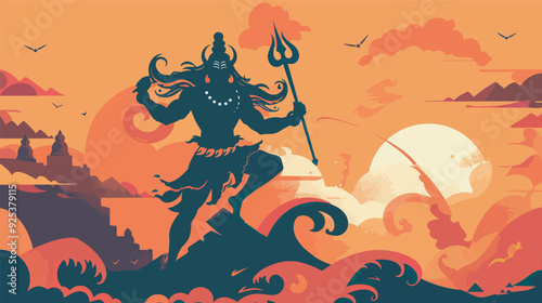 Lord Shiva Hindu God Illustration Sunset Background Orange Clouds Trident Spiritual Deity India Mythology Religion Graphic