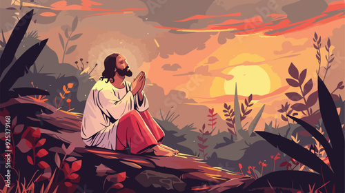 Jesus praying in garden sunset spiritual illustration Christianity faith religious belief God hope love worship prayer holy bible scripture gospel Christian scene