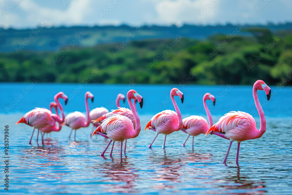 A mesmerizing glimpse of a lively flock of flamingos gracefully wading in a shimmering shallow lake under a bright clear sky. A mesmerizing glimpse of a lively flock of flamingos gracefully wading in a shimmering shallow lake under a bright clear sky.