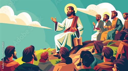 Jesus Christ Sermon On The Mount Preaching Disciples Gospel Christianity Religion Faith Spiritual Holy Bible Christian Illustration Crowd Listening Teaching God Son Religious Scene People Savior Lord