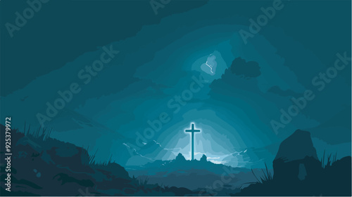 Glowing Cross Silhouette On Hilltop Dramatic Sky Faith Hope Religion Easter Good Friday Background Illustration Transparent Background