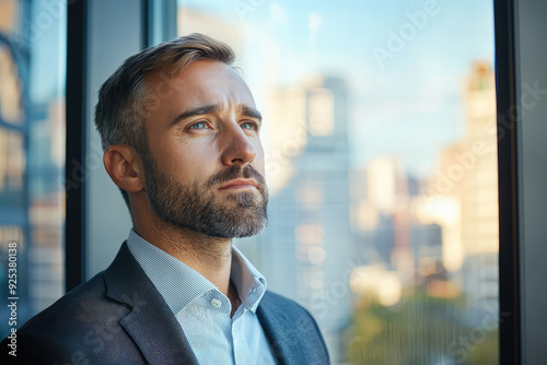 A contemplative businessman gazes out the window, pondering challenges and opportunities in a dynamic urban landscape, reflecting on his ambitions.