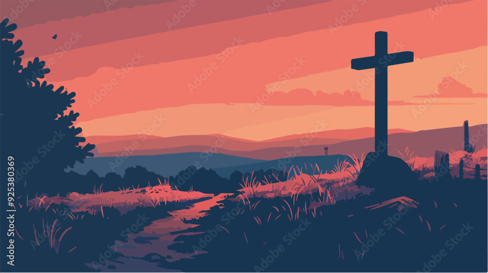 Obraz premium Christian Cross Silhouette Against a Mountain Sunset Landscape Faith Religion Hope Easter Sunday Good Friday Graphic Illustration Design
