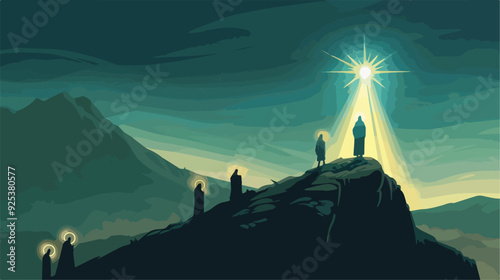 Silhouette People Standing Mountain Top Looking Bright Star Spiritual Hope Concept Night Sky Illustration Background Design Element