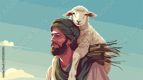 Shepherd carrying lamb on shoulders compassion care christianity faith biblical illustration religious symbol hope love pastoral scene animal rescue livestock farming agriculture illustration