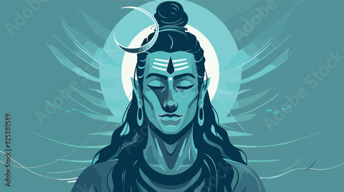 Serene Lord Shiva illustration Hindu God Mahadev spirituality divine meditation tranquility crescent moon third eye blue background artistic depiction spiritual art transparent background