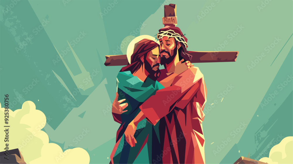 Fototapeta premium Jesus Christ crucified on the cross christianity religious faith God hope love illustration savior resurrection Easter Sunday bible gospel spiritual heaven cross Golgotha INRI redemption forgiveness