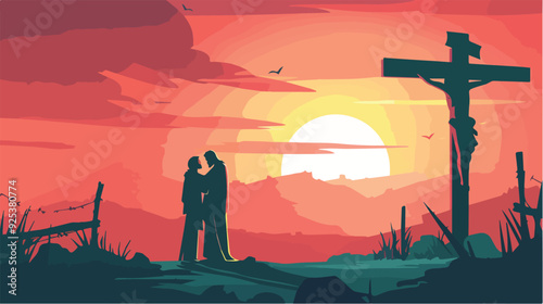 Jesus Christ comforting woman near cross sunset background faith Christianity religion God hope love forgiveness silhouette illustration