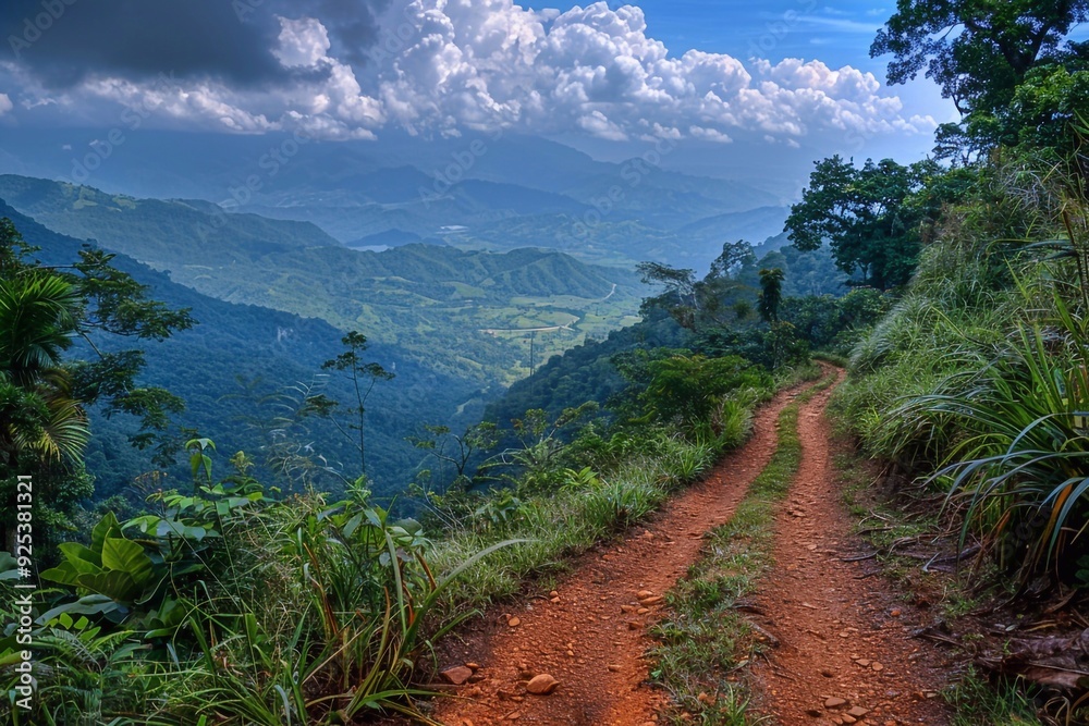 Fototapeta premium A picturesque mountain trail meandering through rugged terrain, with a breathtaking view overlooking a dramatic wall or cliff. The scene captures the essence of adventure and exploration, highlighting
