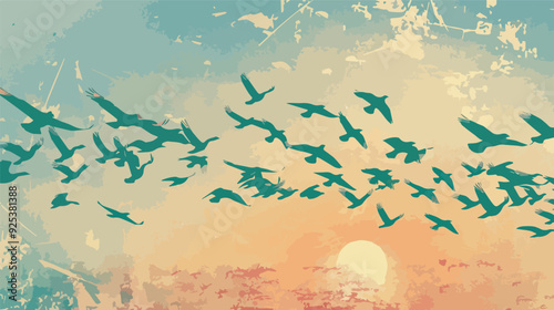 Flock birds flying sunset sky watercolor illustration nature wildlife freedom flight travel inspirational hope silhouette sunrise evening dawn dusk orange blue background wallpaper