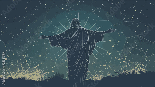 Jesus Christ with open arms against starry sky religion Christianity God faith hope love silhouette illustration transparent background