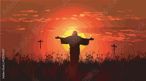 Jesus Christ Silhouette Open Arms Sunset Cross Background Christianity Christian Religious Faith Hope Love God Spiritual Heaven Easter Sunday Resurrection Good Friday Silhouette Orange Red