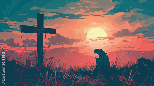 Silhouette of a person praying under sunset sky with cross religion Christianity faith God hope love Jesus Christ church spiritual praying Christian catholic believe grass peaceful evening