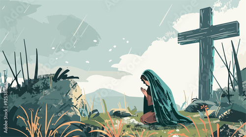 Woman praying at the cross faith christianity religion religious belief god jesus christ pray hope spiritual christian catholic spirituality woman praying christianity illustration image background