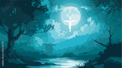 Crucifixion Jesus Christ Moon Night Sky Faith Religion Spiritual Hope Christianity Christian Catholic God Religious Belief Silhouette Forest River Water Nature Landscape Illustration Background