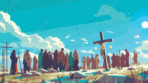 Crowd Gathers Before Crucifixion Jesus Christ Christianity Faith Religious Easter Good Friday Illustration No Background