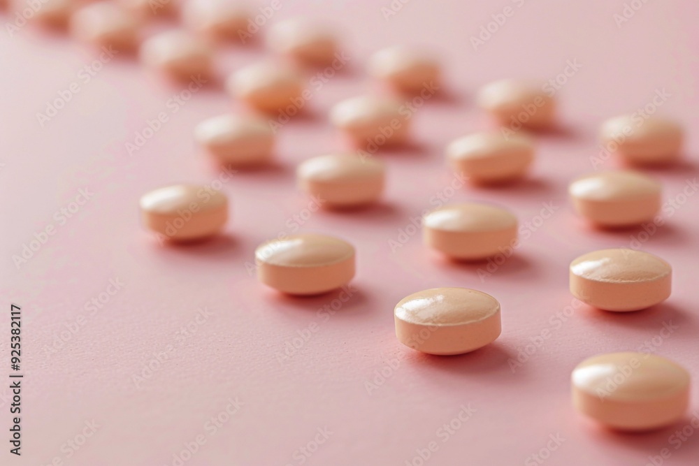 Close-up of oral pills arranged neatly against a soft pink background. The gentle hue of the background contrasts with the pills, creating a clean and calming visual effect that emphasizes the medicat Close-up of oral pills arranged neatly against a soft pink background. The gentle hue of the background contrasts with the pills, creating a clean and calming visual effect that emphasizes the medicat