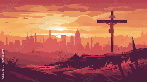 Christian Cross Silhouette Against City Sunset Faith Religion Hope Spirituality Jesus Christ God Religious Belief Cityscape Urban Landscape Skyline Sunset Sunrise Dusk Dawn Orange Sky Clouds Twilight