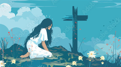 Woman praying at the cross faith christianity religion god hope spirituality jesus christ church belief religious christian prayer bible spiritual heaven easter resurrection christianity background