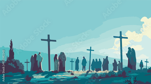 Group Of People Silhouette Mourning At Calvary Cemetery Hill Christianity Faith Religion Christian Cross Jesus Christ Easter Sunday Good Friday Without Background