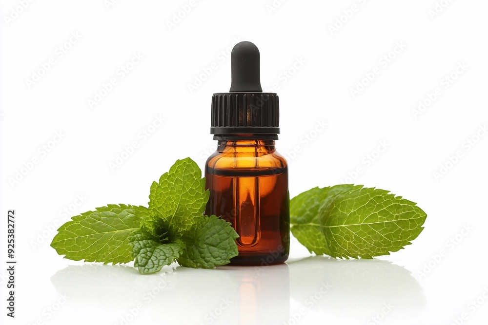 Peppermint essential oil in a sleek amber dropper bottle, surrounded by fresh mint leaves, on a rustic wooden surface, highlighting the natural and organic essence, perfect for aromatherapy, skincare,