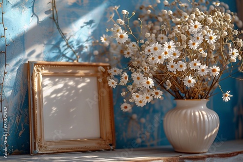 A photo frame placed next to a vase filled with small white flowers, creating a charming and elegant setup. The frame is simple and stylish, while the vase holds a delicate arrangement of white blosso photo