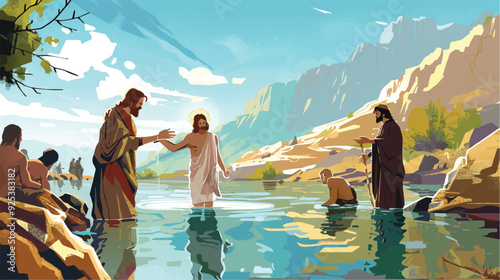 Jesus Baptism John The Baptist Christian Faith Religion Christianity River Jordan Holy Water Gospel New Testament Spiritual Religious Scene Illustration Drawing Digital Art Painting Colorful Bright